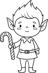 Adorable cartoon elf holding a striped candy cane ready for christmas coloring fun