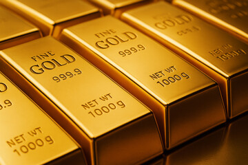 Luxurious Gold Bars Stacked In Close-Up Showing Fine Gold, Concept series of gold bars of pure gold