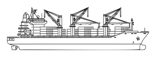 Obraz premium Black outline drawing of a cargo ship with multiple cranes and stacked shipping containers.
