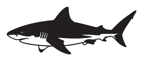 Obraz premium Black and white silhouette of a great white shark depicting its distinct dorsal fin and streamlined body in a side profile view.
