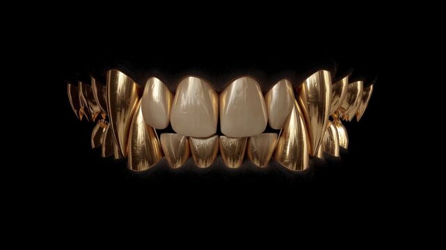 Golden fanged teeth open slowly on a black background, leaving space in the center for text or logo. Ideal for music, fashion, or street art concepts and creative video edits.