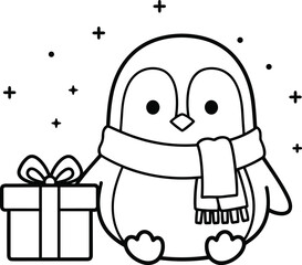 Adorable cartoon penguin wearing a scarf holding a christmas gift box with festive sparkles