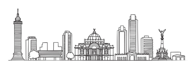 Obraz premium Detailed black outline illustration of the mexico city skyline featuring iconic landmarks and skyscrapers, including the angel of independence.