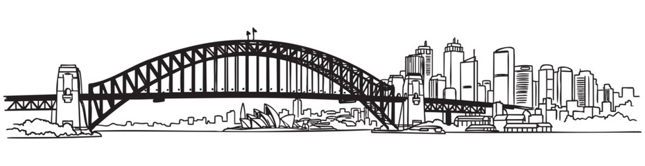 Naklejka premium Black outline vector drawing of the sydney harbour bridge with surrounding cityscape, featuring the iconic opera house.