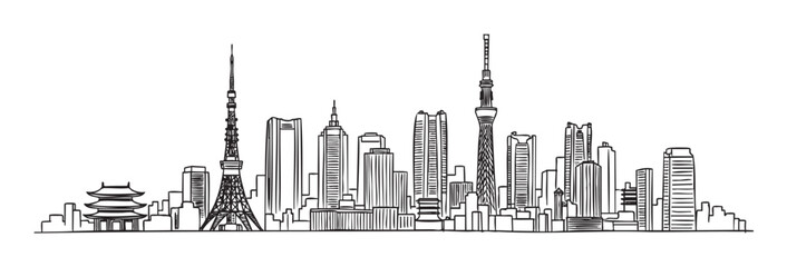 Obraz premium Black outline drawing of a city skyline featuring iconic towers and modern skyscrapers, representing urban architecture and culture.