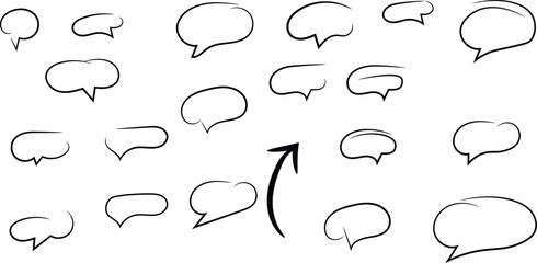 Hand drawn speech bubble icon set, doodle chat balloons, sketch message symbols, minimalist conversation design, vector ink illustration for comic or dialogue art