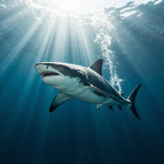 Fototapeta premium Great white shark swimming underwater. Photorealistic marine life