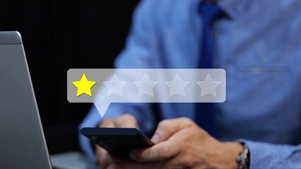Frustrated man on phone gives one-star rating, shows poor customer review