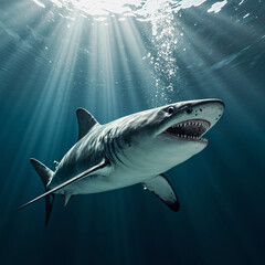 Fototapeta premium Great white shark swimming underwater. Photorealistic marine life