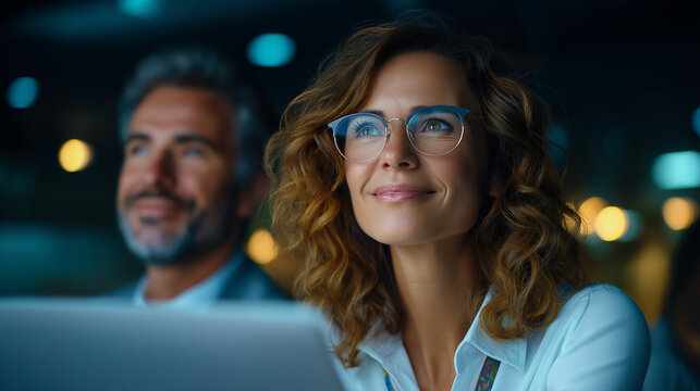 Portrait of young businesswoman and mid-aged businessman using laptop having a meeting or presentation and seminar in the office, under soft office light highlighting teamwork and 