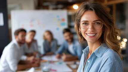 Group of young business people having a meeting or presentation and seminar with whiteboard in the office, portrait of a young businesswoman leader, under soft office light highlig