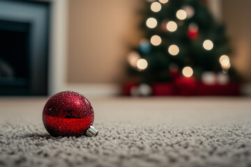 Reflective red Christmas ornament on carpet with blurred tree in background