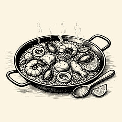 A vintage, hand-drawn illustration of a steaming Spanish seafood paella in a traditional pan.