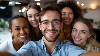Fototapeta premium Group portrait of young happy businesspeople team taking a selfie photo in the office, under soft office light highlighting joy and unity, serene workplace scene, calm room lightin