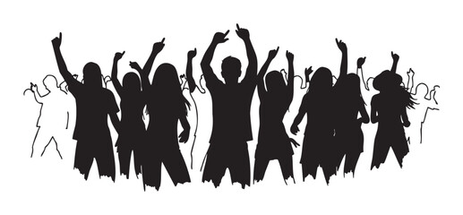A group of silhouetted people dancing energetically, raising their arms in a celebratory gesture.