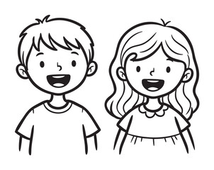 Black outline vector drawing of a smiling young male and female child, featuring simple, cartoon-style facial expressions and casual clothing.