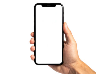 Hand holds a phone with a blank white screen against a black background