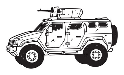 Black and white outline drawing of an armored military vehicle with mounted turret on the roof, featuring large wheels and rugged design.
