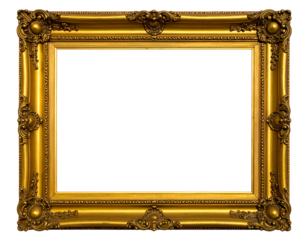 Ornate rectangular gilded picture frame, highly detailed, with empty white space inside