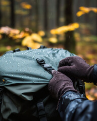 Fototapeta premium Hands securing rain fly over daypack beneath dripping maple