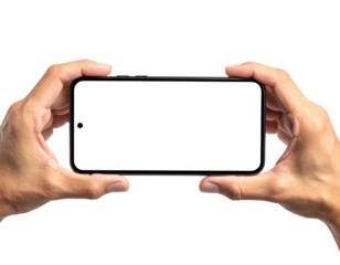 Two hands holding a smartphone horizontally, white screen, isolated against black background