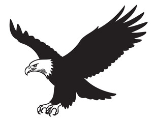 Obraz premium Silhouette of a majestic bald eagle in flight with outstretched wings and sharp talons, showcasing power and grace.