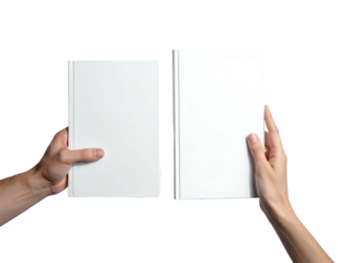 Two hands presenting two blank white books side by side against a solid black background