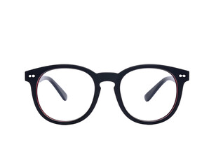 Close-up of dark-framed eyewear, round lenses, with red inner rim accents