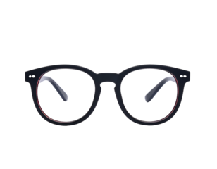 Close-up of dark-framed eyewear, round lenses, with red inner rim accents