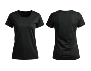 Black athletic crew neck t-shirt front and back views, isolated on a black background