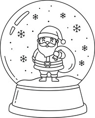 Charming black and white illustration of santa claus inside a snow globe with snowflakes