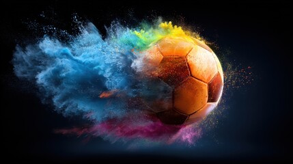 A soccer ball is surrounded by colorful splashes of powder creating a lively and energetic scene. The explosion of color highlights the excitement of playing the sport.