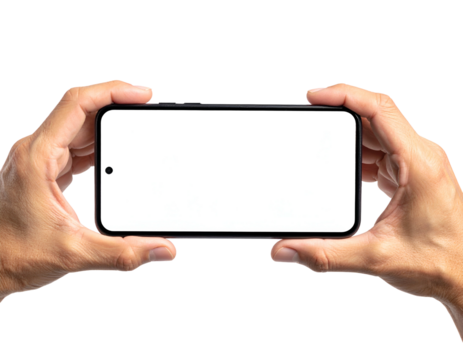 Two hands holding a smartphone horizontally, white screen, isolated against black background