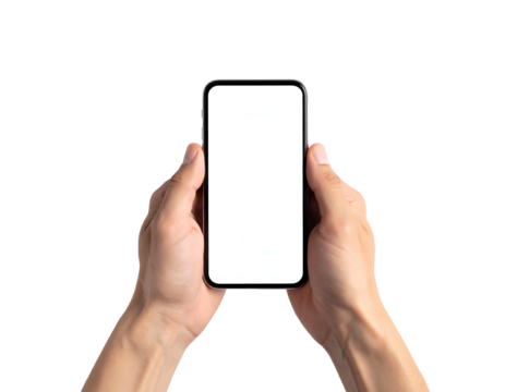 A person holding a smartphone with a blank white screen against a black background
