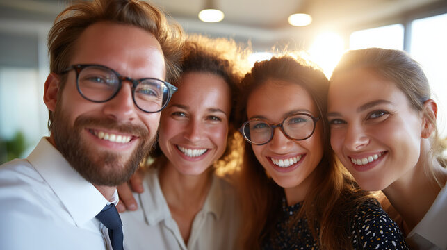 Group portrait of young happy businesspeople team in the office, under soft office light highlighting joy and unity, serene workplace scene, calm room lighting, with copy space