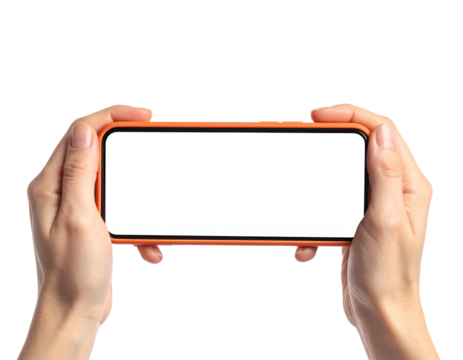 Close-up view of hands holding a horizontal orange device with a blank white screen, isolated