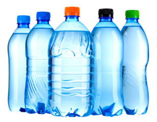 Clear plastic bottles filled with water, lined up with caps of different colors