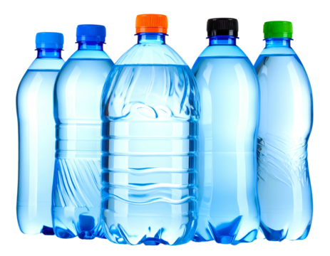 Clear plastic bottles filled with water, lined up with caps of different colors