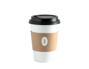 3D-rendered paper coffee cup with brown sleeve and black lid, number 0 on the sleeve