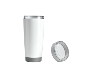 Modern, tall, white insulated tumbler with a detached lid, presented against a black background