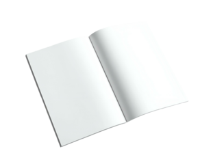 Open blank book on a dark background, displaying two empty white pages