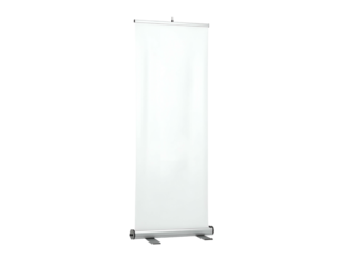 A tall, blank vertical promotional banner displayed on a black background