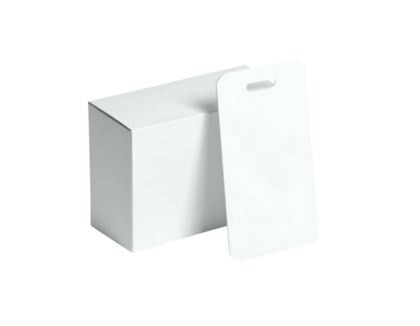 A clean, digitally rendered white box paired with a blank, rounded-rectangle tag