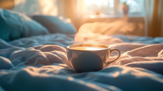 Steaming cup of coffee on rumpled bed linens bathed in warm sunrise light
