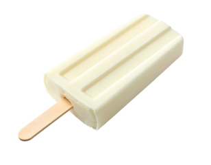 A rectangular, creamy-white, frozen treat on a wooden stick, isolated on a black background