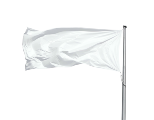 Plain white flag waving on a metallic pole, silhouetted against a stark black background
