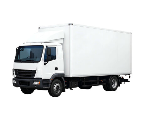 A blank white commercial box truck isolated on a black background, ready for transport