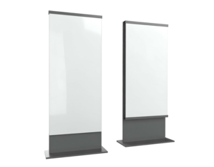 Two rectangular blank displays, grey bases, white screens, standing upright, with no content