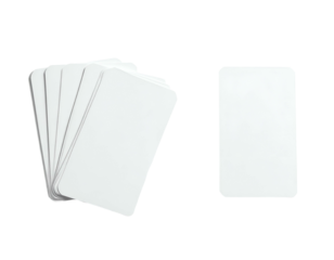 Blank white rectangular cards, fanned and single, set against a deep black background