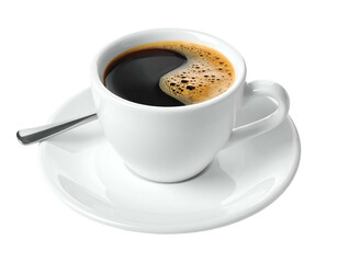 Fototapeta premium A white coffee cup with dark liquid and foam, plus saucer and spoon, on a black background